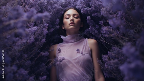 Art of Elegance, Sophisticated Couture Displayed in a Liminal Lavender Space under Dramatic Light, generative ai.	