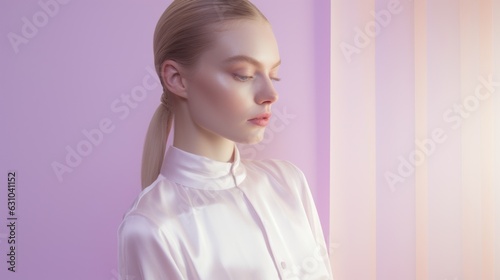 Art of Elegance, Sophisticated Couture Displayed in a Liminal Lavender Space under Dramatic Light, generative ai.	