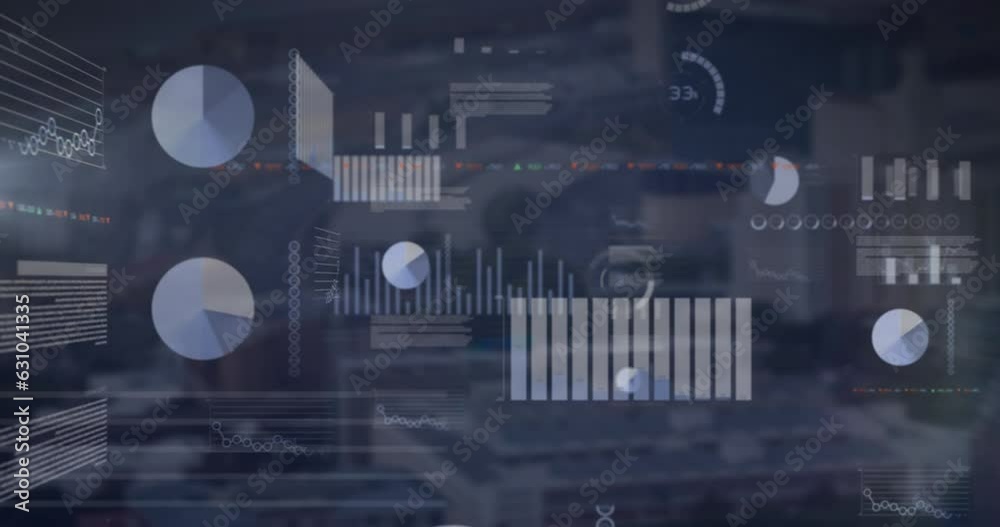 Animation of multiple graphs, loading circles and trading board over modern city in background Animation of multiple graphs, loading circles and trading board over modern city in background