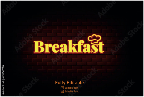 Glowing neon restaurant logo and  icon on a dark brick wall background. Light effect hot beverage or cafe sign. Vector illustration
