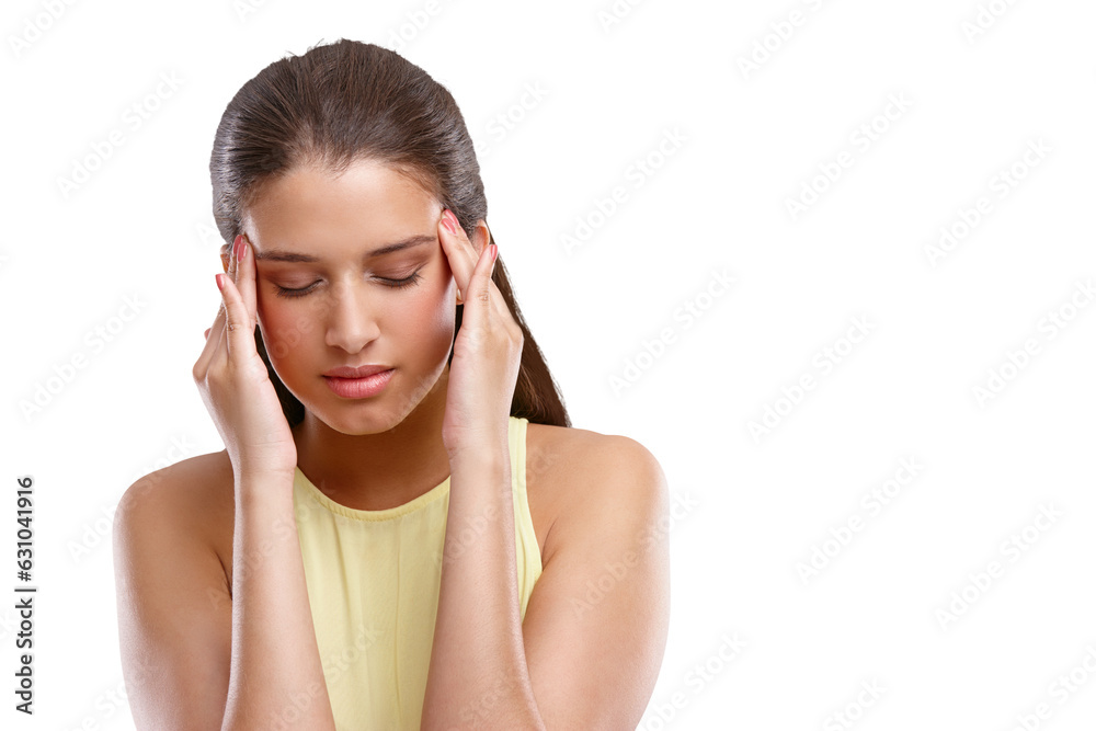 Pain, massage and a woman with a headache, burnout and stress from a problem. Sad, tired and a girl with a migraine, frustrated or fatigue from mental health isolated on a transparent png background Pain, massage and a woman with a headache, burnout and stress from a problem. Sad, tired and a girl with a migraine, frustrated or fatigue from mental health isolated on a transparent png background