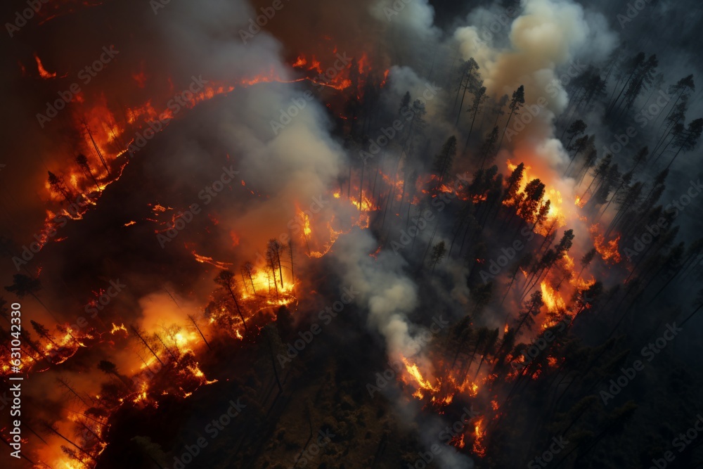 Aerial view of a burning forest.