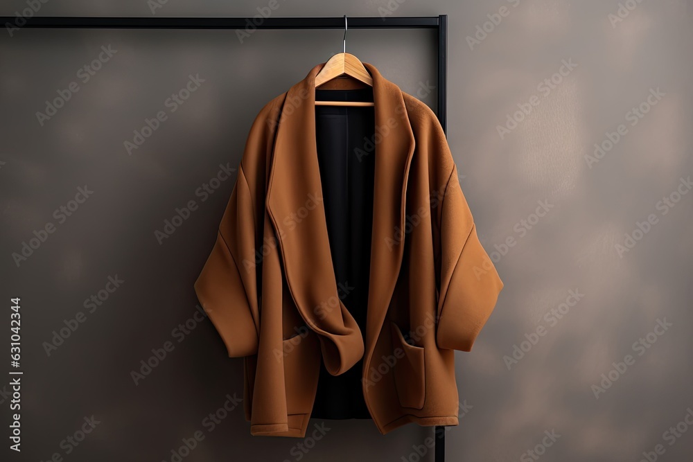 Fashion long brown coat, brown sweater with black jacket on hanger