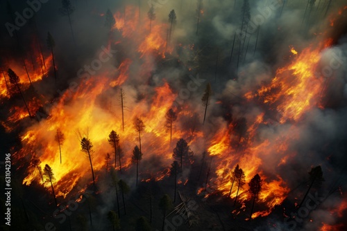 Aerial view of a burning forest.