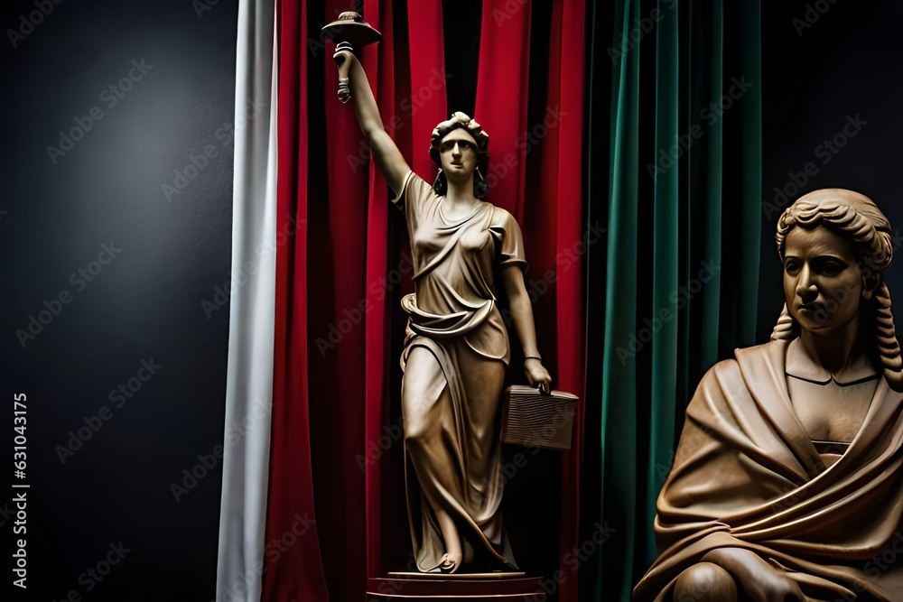 Mexico flag with statue of lady justice, constitution and judge hammer on black drapery. AI generated