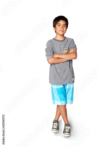 Canvas Print Smile, portrait and a child with fashion, arms crossed and stylish isolated on a transparent png background