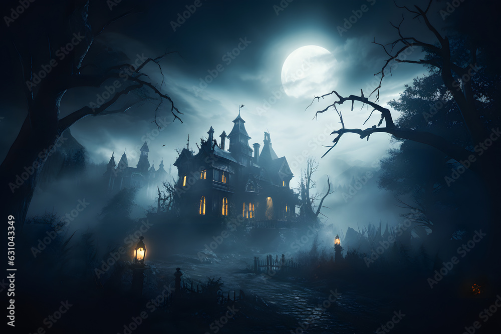 halloween background with castle and full moon ai generated art  - obrazy, fototapety, plakaty 