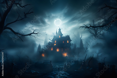 Fotografie, Obraz Moonlit Haunting: The Eerie Charm of the Mansion in the Mist ai generated art