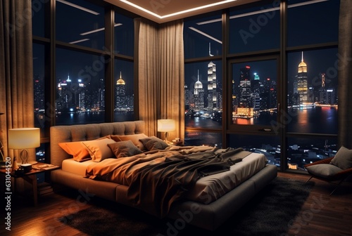 apartment bedroom with beautiful city night view from the window. generative ai © LivroomStudio