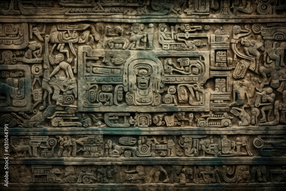 Ancient Mayan glyphs texture background, elaborate and symbolic hieroglyphics, historic and cultural backdrop, rare and archaeological - obrazy, fototapety, plakaty 