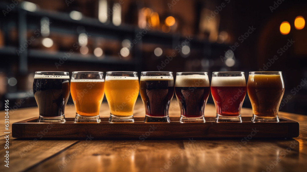 Close-up of craft beer tasting flight at the local brewery of small pint glasses in a row on a tray with rainbow variety of dark malt shouted to golden yellow hoppy ales on the bar Close-up of craft beer tasting flight at the local brewery of small pint glasses in a row on a tray with rainbow variety of dark malt shouted to golden yellow hoppy ales on the bar