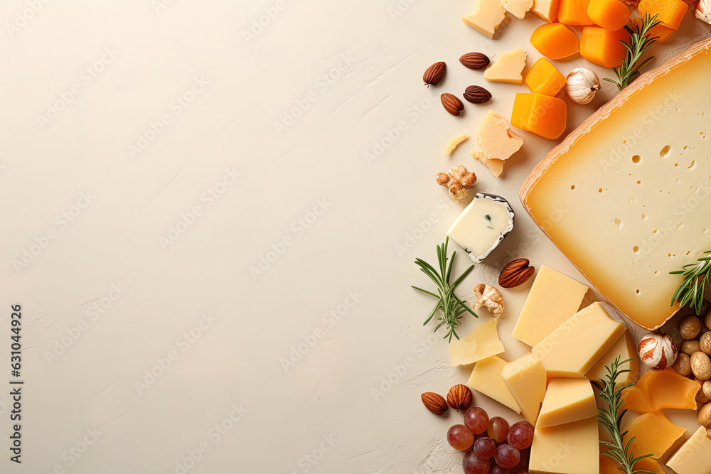 Top view with variety of fresh cheese and fruit products with empty space Top view with variety of fresh cheese and fruit products with empty space