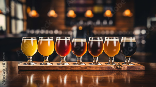 Close-up of craft beer tasting flight at the local brewery of small pint glasses in a row on a tray with rainbow variety of dark malt shouted to golden yellow hoppy ales on the bar