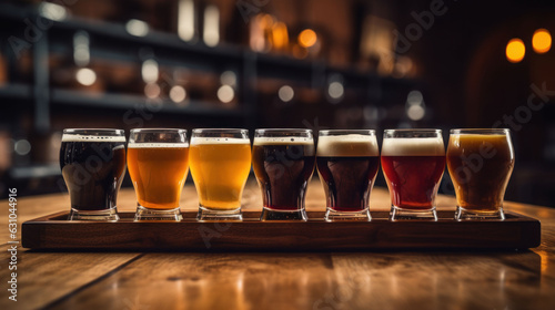 Close-up of craft beer tasting flight at the local brewery of small pint glasses in a row on a tray with rainbow variety of dark malt shouted to golden yellow hoppy ales on the bar