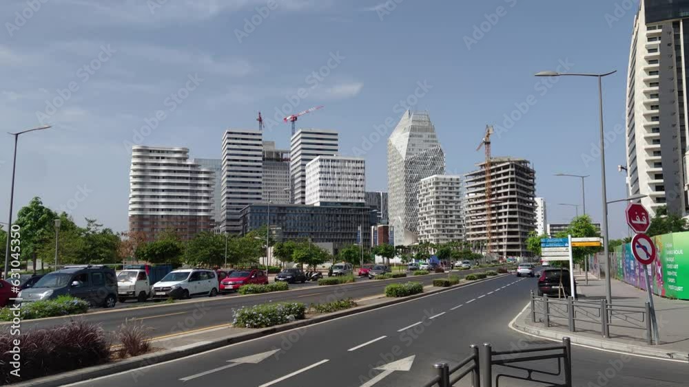 view of Casa Finance City buildings CFC and traffic on a sunny day view of Casa Finance City buildings CFC and traffic on a sunny day