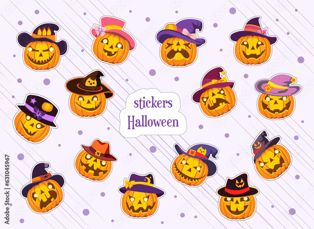 Set of pumpkin jack lantern stickers in funny hats. Isolated items for greeting card design, print, party, decoration, Halloween celebration. Vector illustration. Emotions. hand-drawn drawing 
