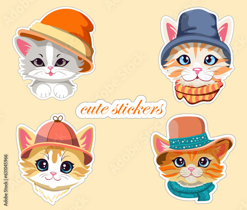 Set of stickers hand drawn cartoon adorable kittens in funny hats. Isolated items for design, printing, greeting cards, scrapbooking. Vector illustration drawing kittens head.  