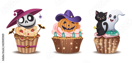 Hand painted festive Halloween cupcake set. Cream dessert, jack lantern pumpkin, scarecrow, black cat, ghost.. Decorative design items on white background. Vector illustration drawing.