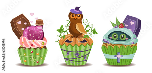Hand painted festive Halloween cupcake set. Cream dessert, pumpkin, mummy, owl in hat, coffin, poison vial. Decorative design items on white background. Vector illustration drawing. 