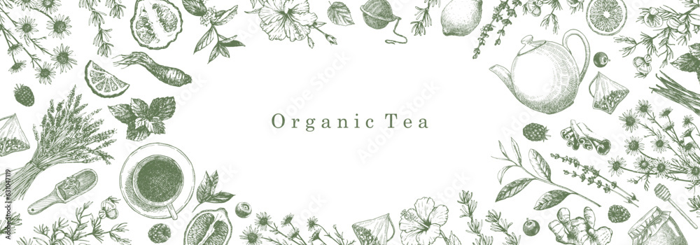 Organic Tea. Hand-drawn illustration of plants and objects. Ink. Vector