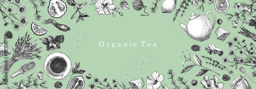 Organic Tea. Hand-drawn illustration of plants and objects. Ink. Vector