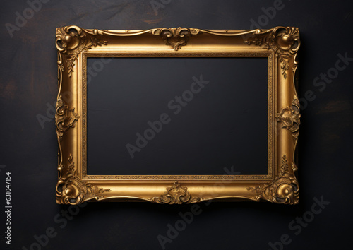 Empty golden painting frame on vintage dark wall