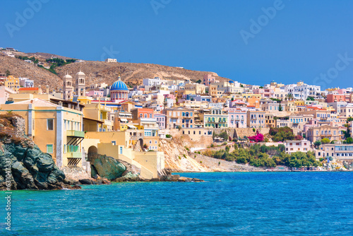 Fototapeta Naklejka Na Ścianę i Meble -  Panoramic view of Ermoupoli and Ano Syra towns in Syros island, Cyclades islands, Greece, Europe.
