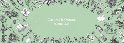 Natural and Organic Cosmetic. Herbs. Hand-drawn illustration of plants and objects. Ink. Vector