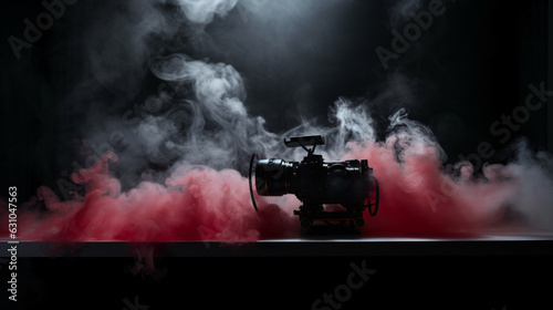 Media camera on black curtain with smoke