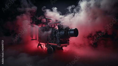 Modern film camera on black curtain with smoke