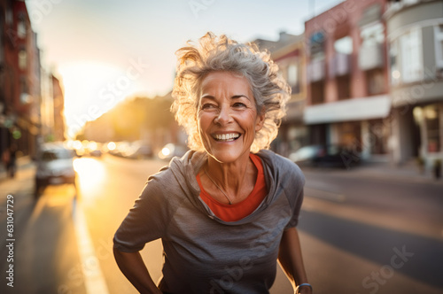 Ai generated image of mature senior woman jogging in the city