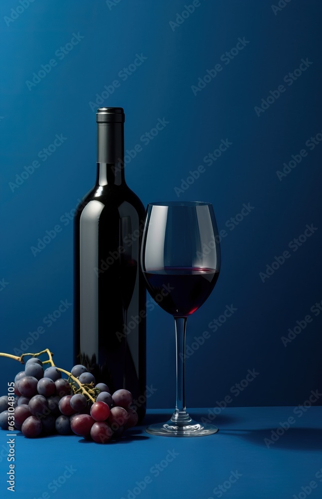 Bottle of red wine, grapes and blue glass on blue background