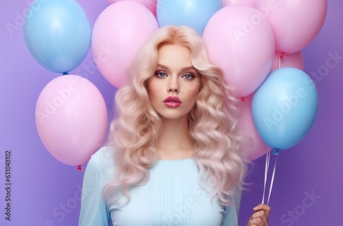 Portrait of a beautiful young blonde girl with colorful balloons in the background.