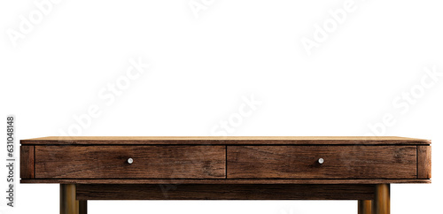 Mid-Century style desk mockup, cabinet with drawers, dark wood, isolated on white