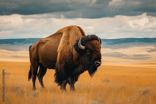 Portrait of a bison with horns in the steppe. photo