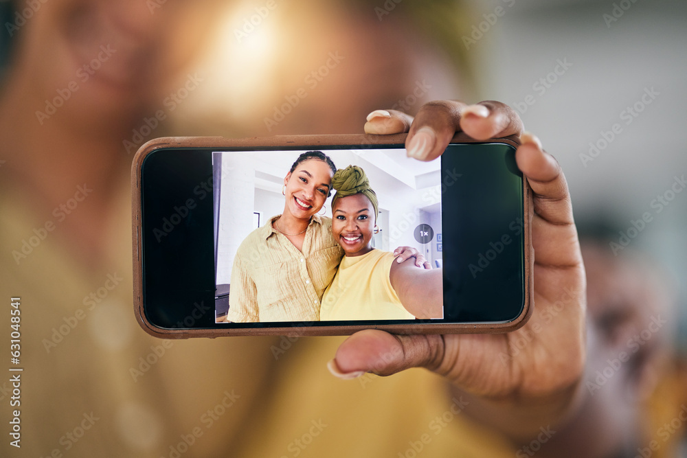 Lesbian couple, women and selfie with phone screen in home in portrait, post and web blog in living room. African girl, photography and memory with profile picture, lgbtq or social media app in house