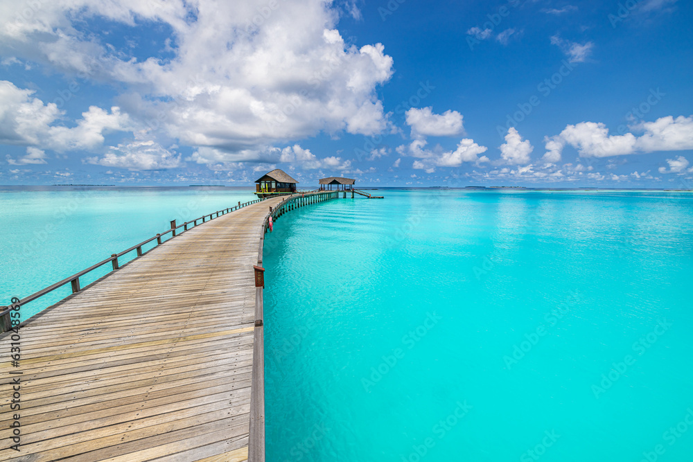 Amazing panorama blue sea seascape, sunshine sky clouds. Travel relax calm landscape of Maldives beach coast. Tropical island, luxury water villa resort wooden pier. Vacation destination tranquility
