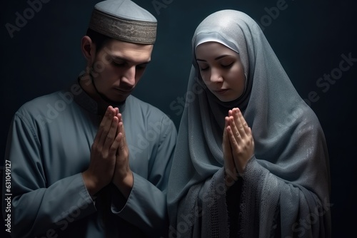 Duo Praying - A Muslim man and woman touching hands during prayer Fictional Character Created By Generative AI. photo