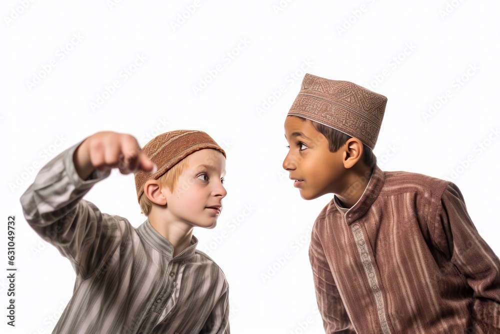 Two young boys in Arabic attire engaged in conversation Fictional Character Created By Generative AI.