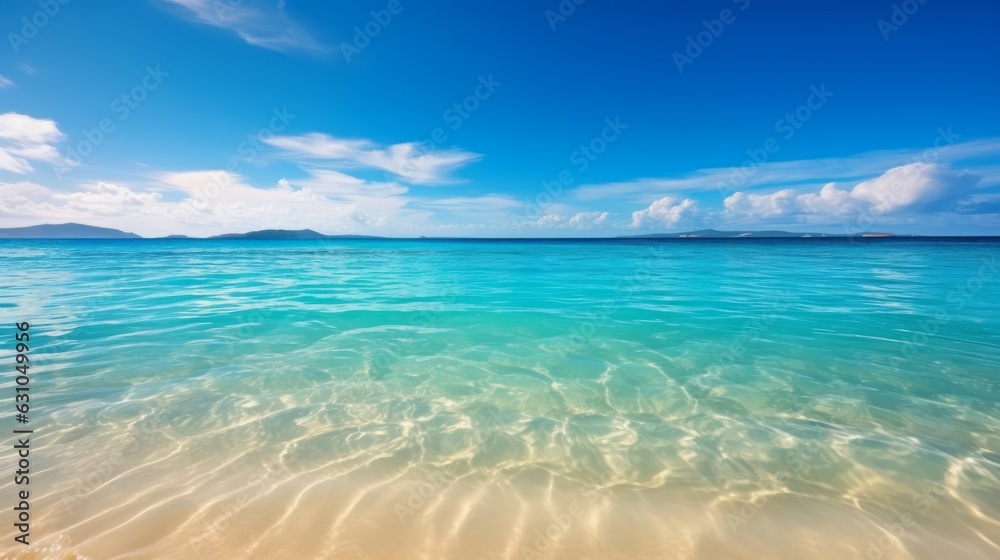 Photo of a stunning beach with crystal clear blue water and a vibrant blue sky created with Generative AI technology