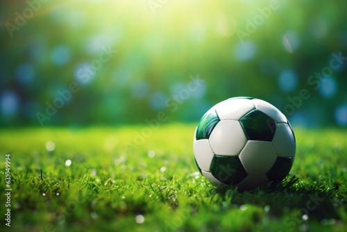 Soccer ball on the green grass. Promotional image.