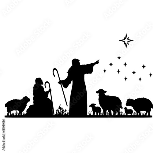 Holy Night silhouette - Nativity scene of baby Jesus silhouette in a manger with Mary and Joseph with the three wise men. Christian Christmas silhouette of animals. Illustration for children.