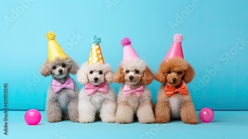 Cute poodle puppies with birthday hats on blue background. Party concept invitation, banner copyspace, ai generative
