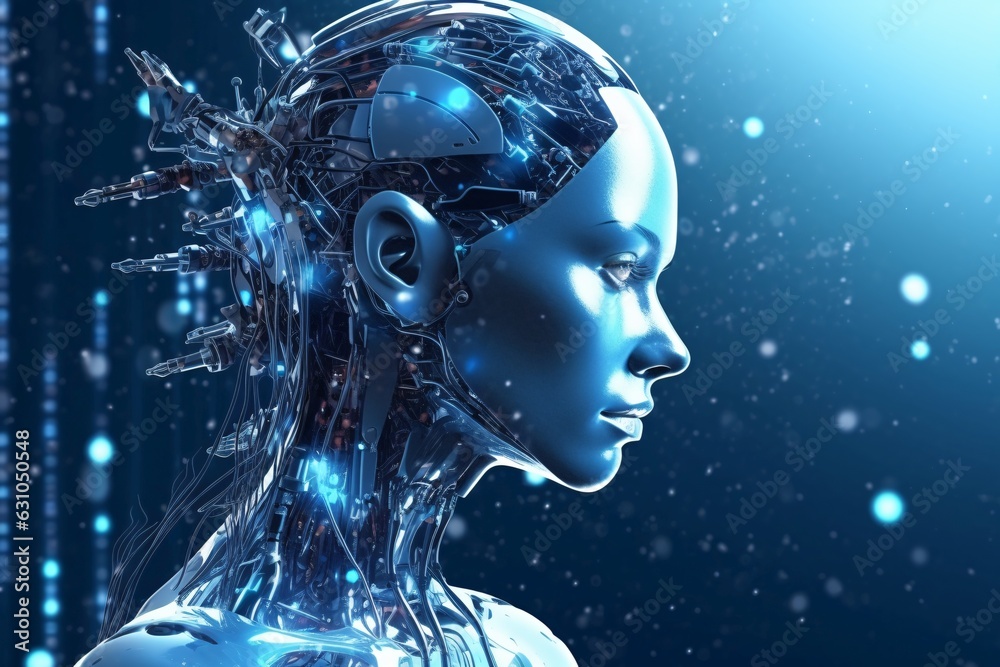 3d rendering of female cyborg with circuit board on blue background 3d rendering of female cyborg with circuit board on blue background