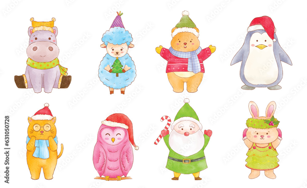 Cute watercolor of animals Christmas characters