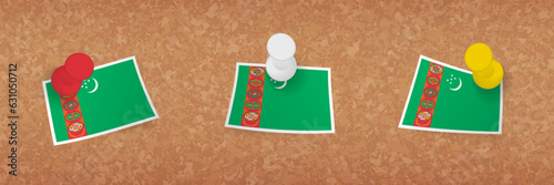 Turkmenistan flag pinned in cork board, three versions of Turkmenistan flag.