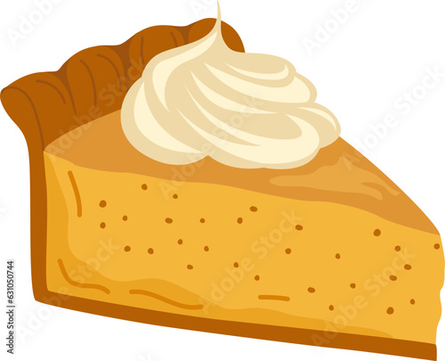 Vector illustration of a piece of pumpkin pie isolated on a white background. Autumn sticker. Image for prints.