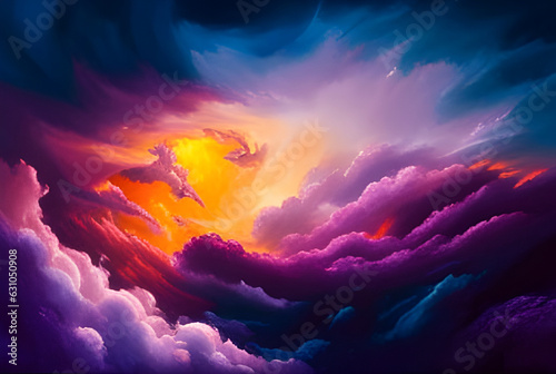 Colourful starburst amongst multicoloured cloudscape. Concept of Cosmic Energy, divine presence, healing and spiritual jorney. Digital illustration. CG Artwork Background photo