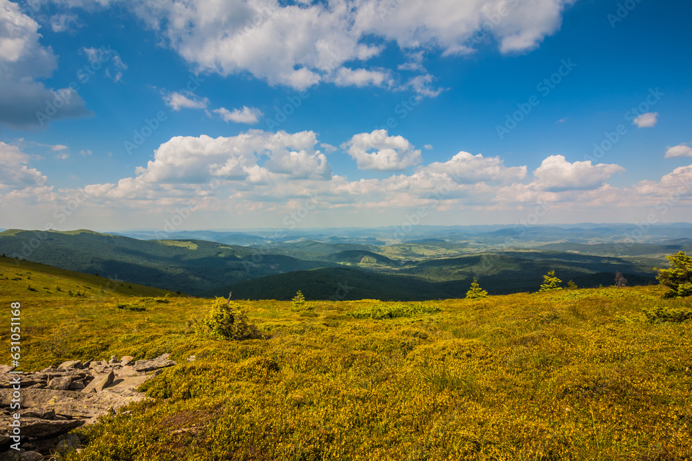 Beautiful view of the Ukrainian mountains Carpathians and valleys.Beautiful green mountains in summer with forests and grass. Water-making ridge in the Carpathians, Carpathian mountains