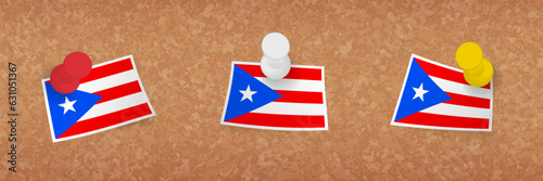 Puerto Rico flag pinned in cork board, three versions of Puerto Rico flag.